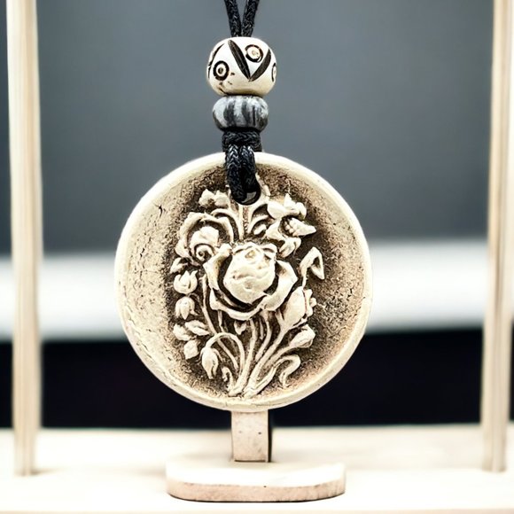 Artisan Jewelry - Vintage Rose Flower Ceramic Pendant Handmade
